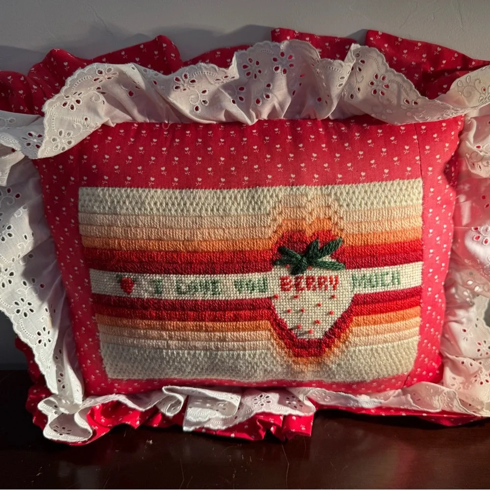Strawberry Embroidered Pillow cottage core, grannycore  handmade raffled‎